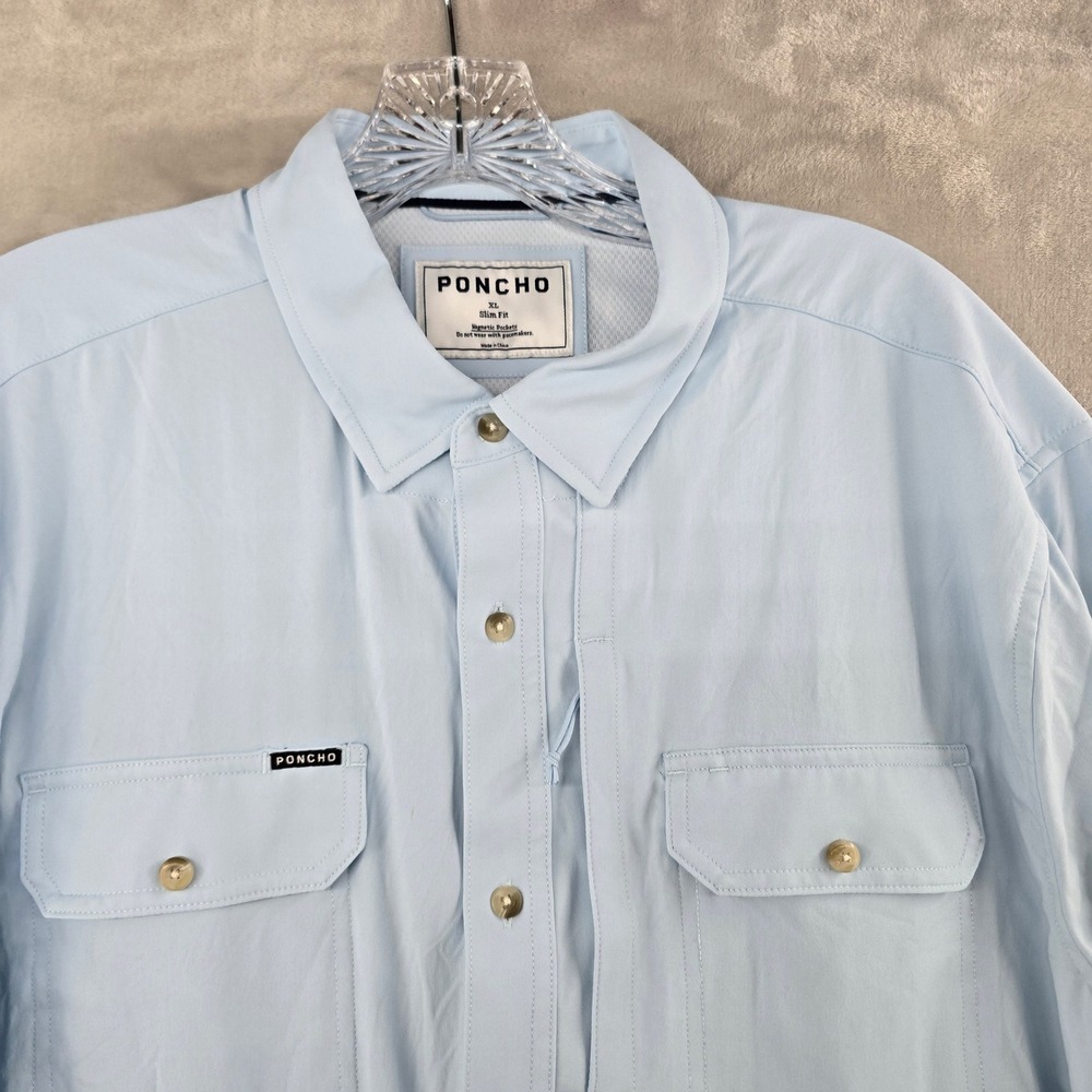 Poncho Fishing Shirt Men XL Blue Slim Fit Magnetic Pockets Long Sleeve Vented